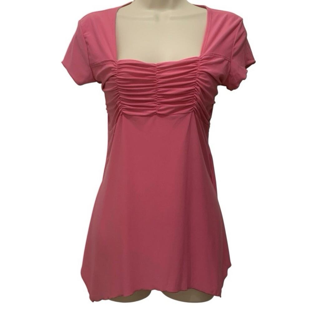 Y2K 90s Pink Babydoll Top Ruched Square Neck Handkerchief Hem Large Fairy Grunge